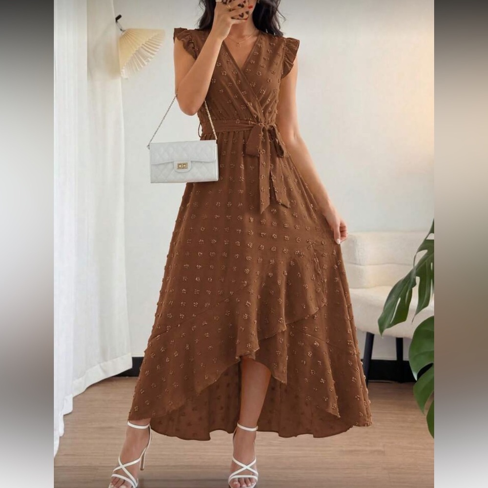 Elegant Brown High-Low Midi Dress with Tie Waist